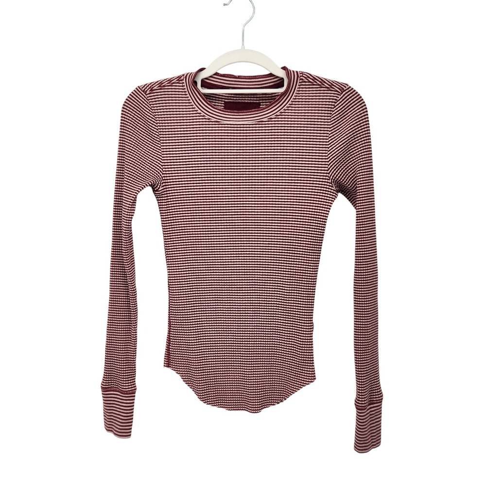Aerie Ribbed Knit Pullover Maroon Cream Gold Shimmer Stripe Rounded Hem XS